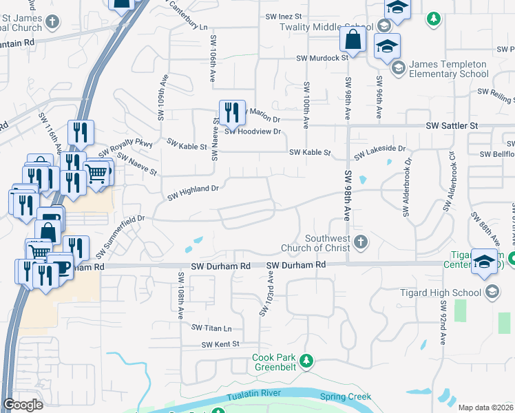 map of restaurants, bars, coffee shops, grocery stores, and more near 15745 Southwest Greens Way in Tigard