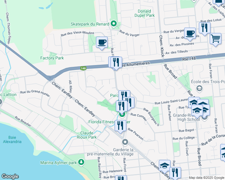 map of restaurants, bars, coffee shops, grocery stores, and more near 179 Rue de la Terrasse-Eardley in Gatineau