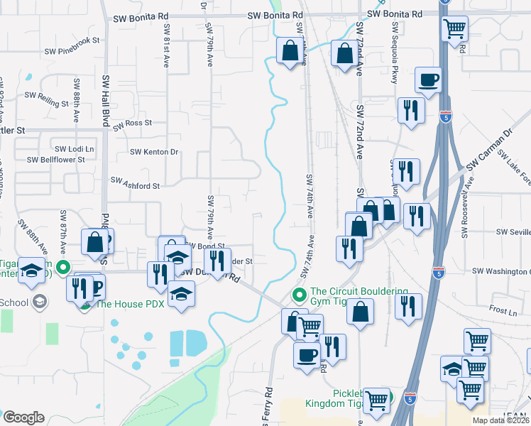 map of restaurants, bars, coffee shops, grocery stores, and more near 7590 Southwest Onnaf Court in Tigard