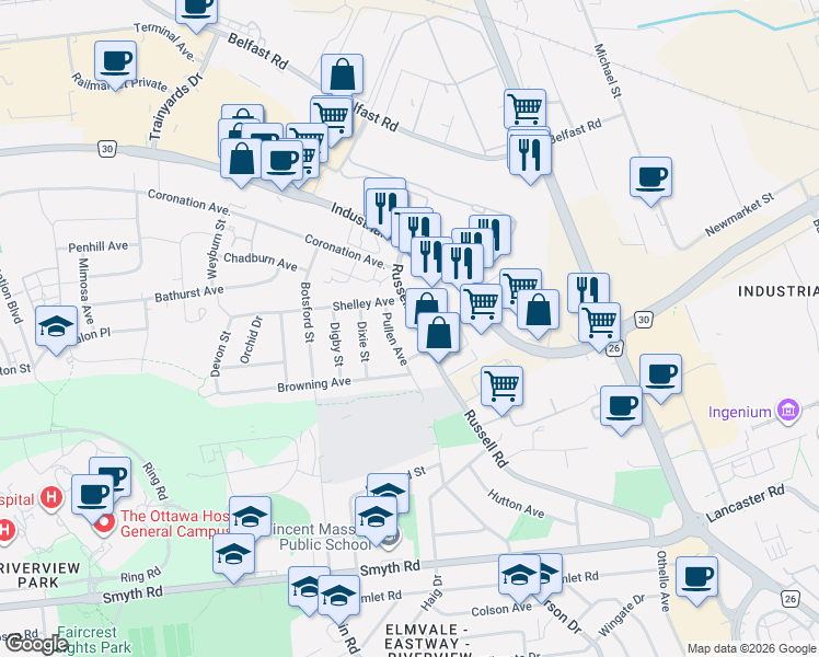 map of restaurants, bars, coffee shops, grocery stores, and more near in Ottawa