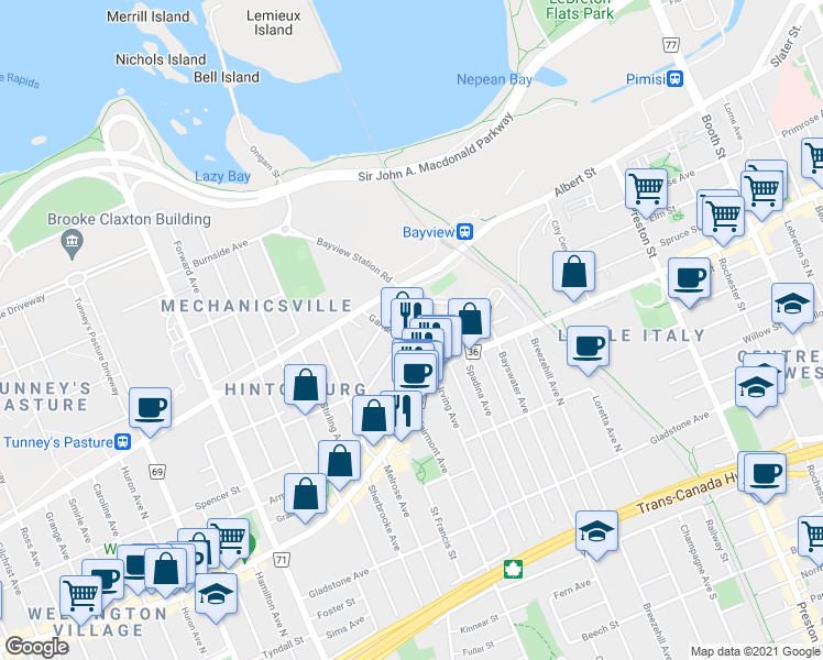 map of restaurants, bars, coffee shops, grocery stores, and more near in Ottawa