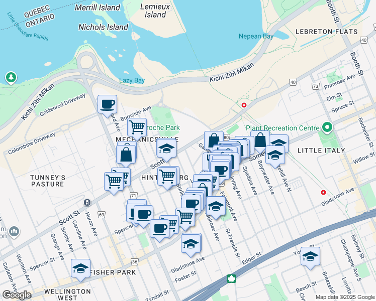 map of restaurants, bars, coffee shops, grocery stores, and more near in Ottawa