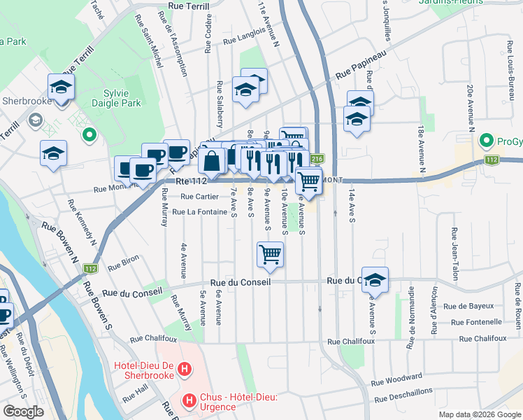 map of restaurants, bars, coffee shops, grocery stores, and more near 81 9e Avenue Sud in Sherbrooke