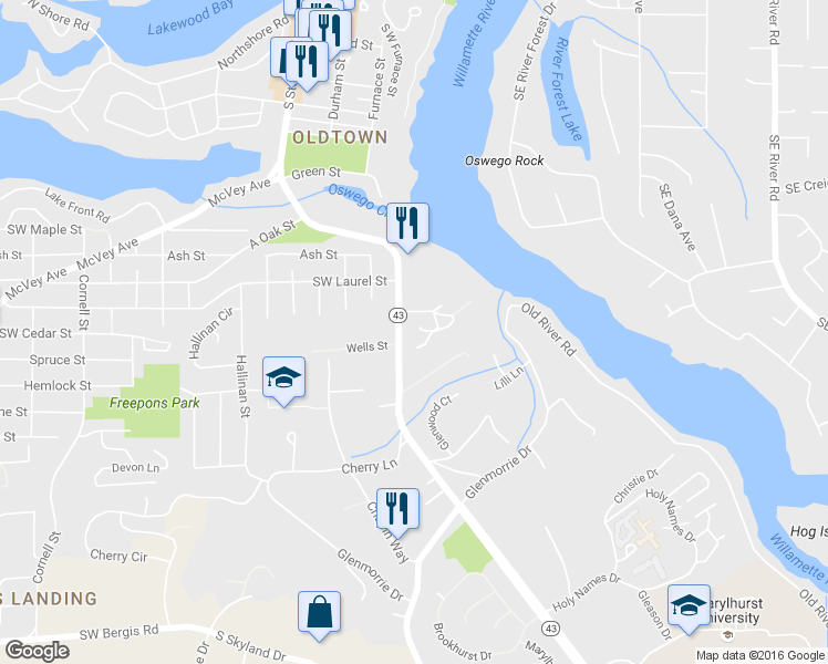 map of restaurants, bars, coffee shops, grocery stores, and more near 16480 Lexington Court in Lake Oswego