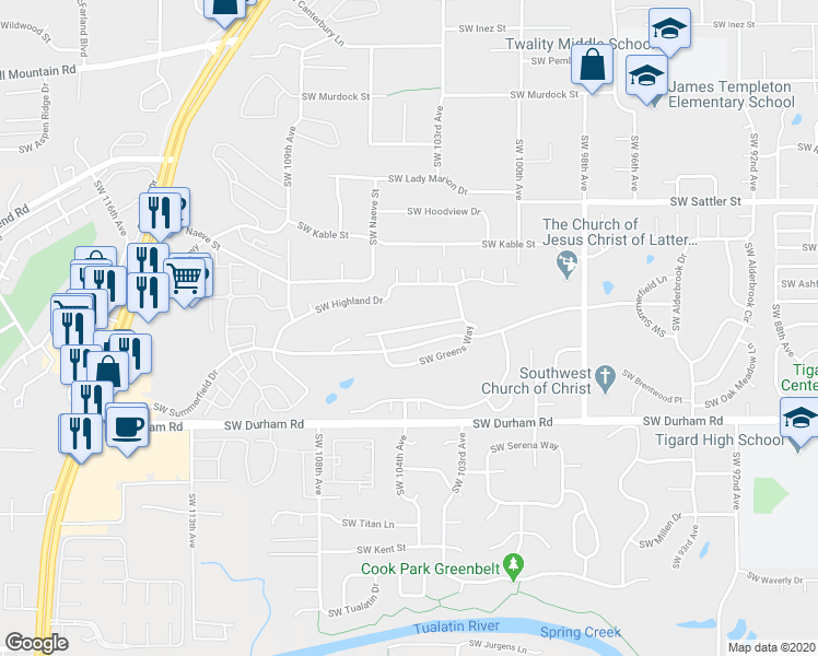 map of restaurants, bars, coffee shops, grocery stores, and more near 10390 Southwest Greenleaf Terrace in Tigard