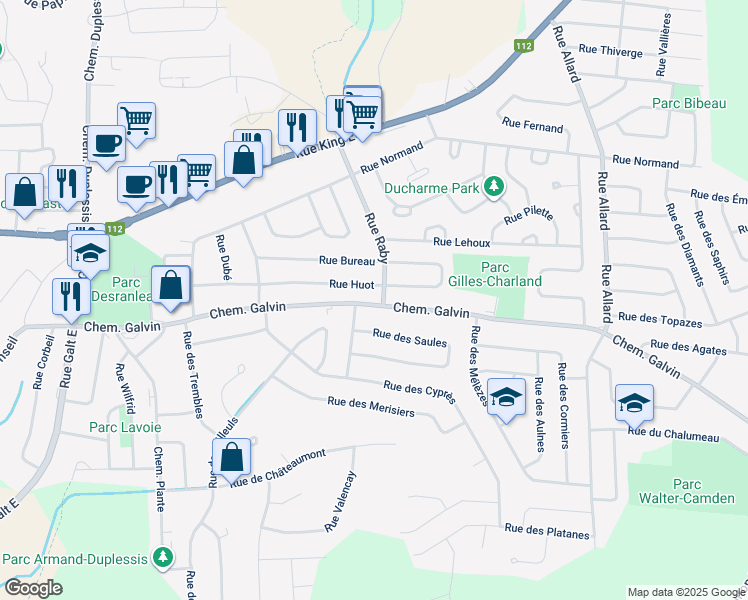 map of restaurants, bars, coffee shops, grocery stores, and more near 2275 Chemin Galvin in Sherbrooke
