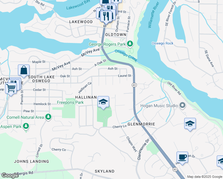 map of restaurants, bars, coffee shops, grocery stores, and more near 1103 Obrien Street in Lake Oswego
