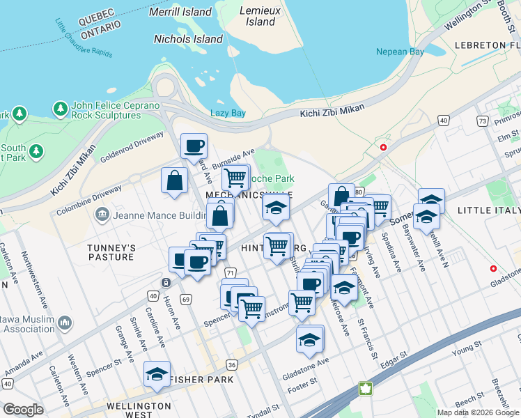 map of restaurants, bars, coffee shops, grocery stores, and more near 125 Carruthers Avenue in Ottawa