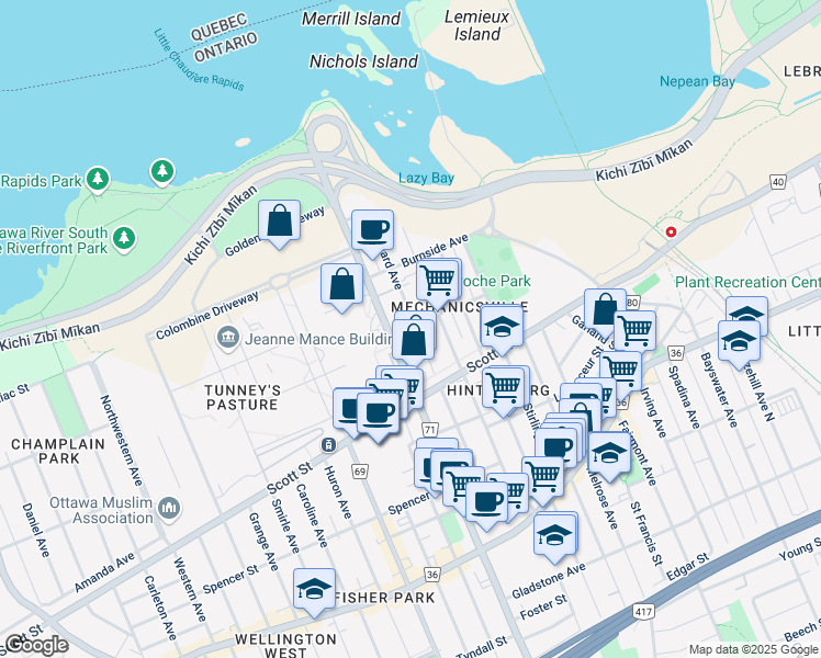 map of restaurants, bars, coffee shops, grocery stores, and more near 174 Forward Avenue in Ottawa