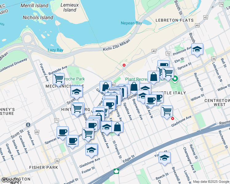 map of restaurants, bars, coffee shops, grocery stores, and more near 41 Hilda Street in Ottawa