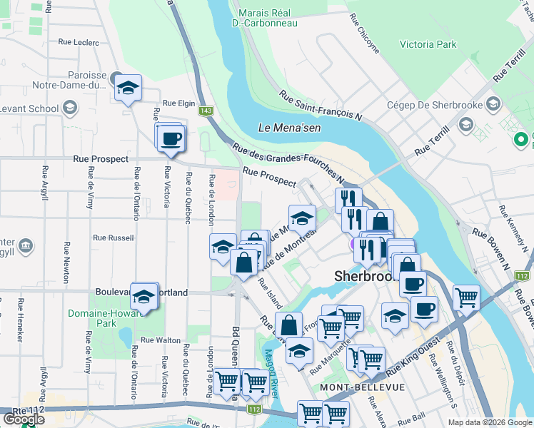 map of restaurants, bars, coffee shops, grocery stores, and more near 540 Rue Élisabeth in Sherbrooke