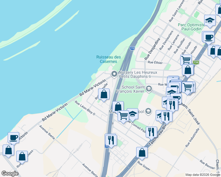 map of restaurants, bars, coffee shops, grocery stores, and more near 1120 Rue Cloutier in La Prairie