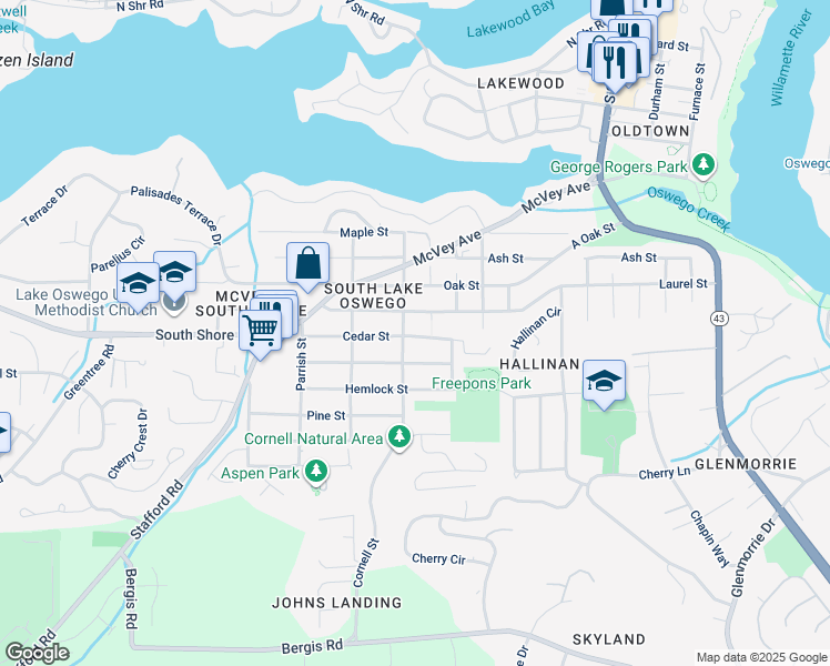 map of restaurants, bars, coffee shops, grocery stores, and more near 1118 Cedar Street in Lake Oswego