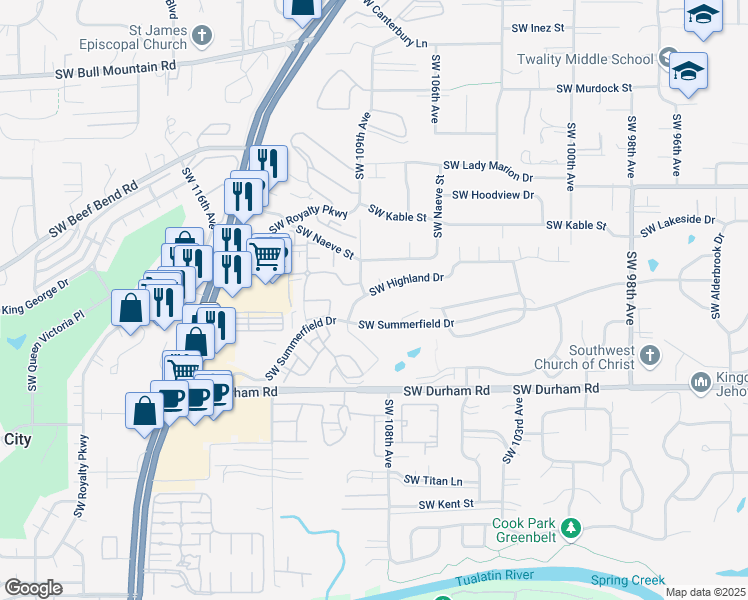 map of restaurants, bars, coffee shops, grocery stores, and more near 11041 Southwest Summerfield Drive in Portland