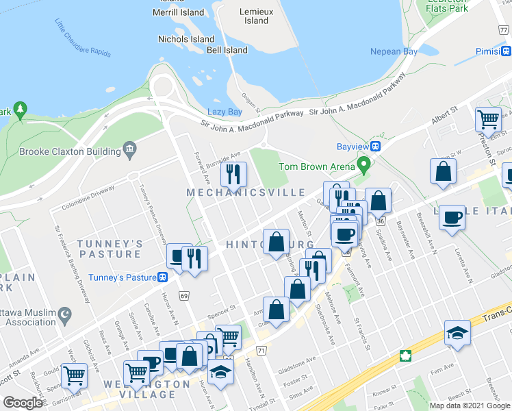 map of restaurants, bars, coffee shops, grocery stores, and more near in Ottawa