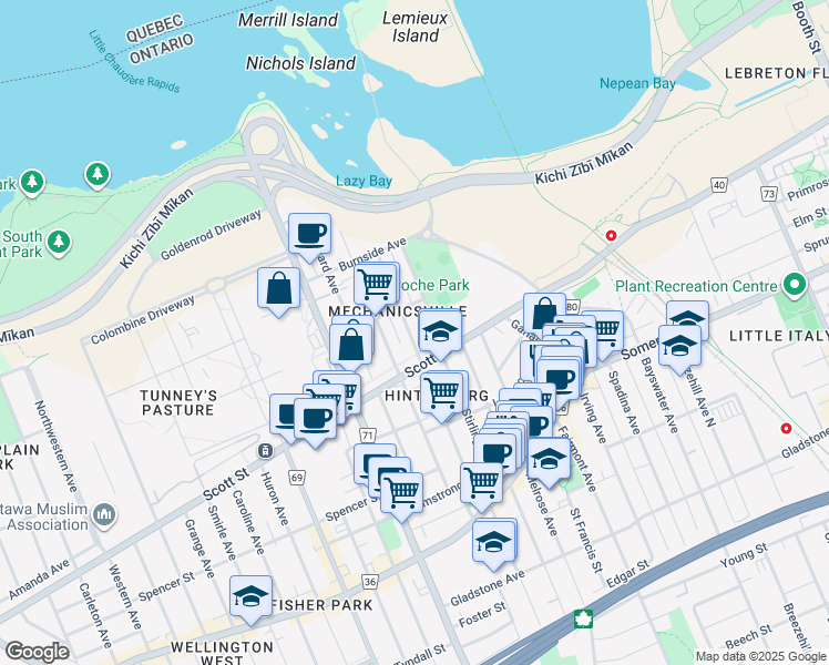 map of restaurants, bars, coffee shops, grocery stores, and more near 125 Carruthers Avenue in Ottawa