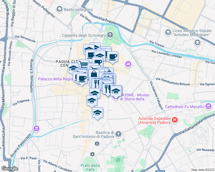 map of restaurants, bars, coffee shops, grocery stores, and more near in Padova
