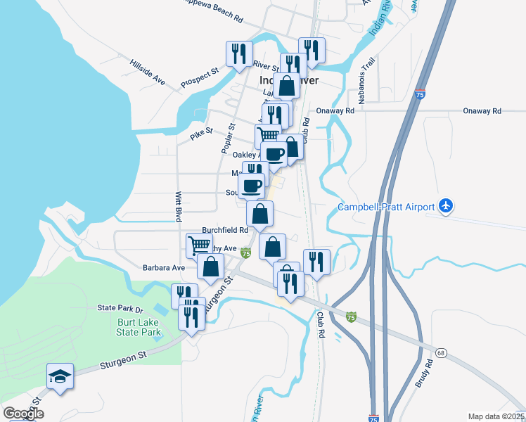 map of restaurants, bars, coffee shops, grocery stores, and more near 3833 South Straits Highway in Indian River