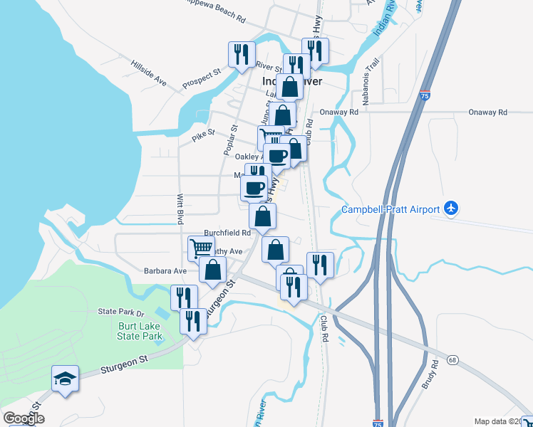 map of restaurants, bars, coffee shops, grocery stores, and more near 3833 South Straits Highway in Indian River