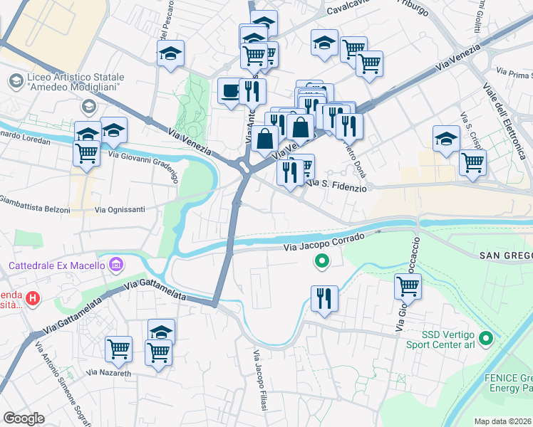map of restaurants, bars, coffee shops, grocery stores, and more near 39 Via Luigi Pellizzo in Padova