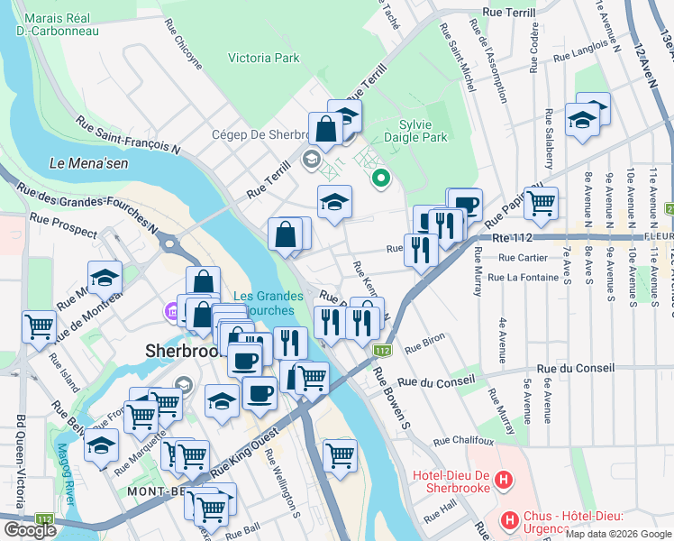 map of restaurants, bars, coffee shops, grocery stores, and more near 183 Rue Morkill in Sherbrooke