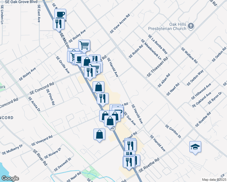map of restaurants, bars, coffee shops, grocery stores, and more near 4017 Southeast Vineyard Road in Milwaukie