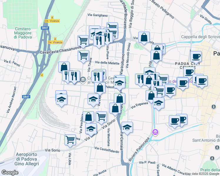 map of restaurants, bars, coffee shops, grocery stores, and more near Via Monte Sabotino in Padova
