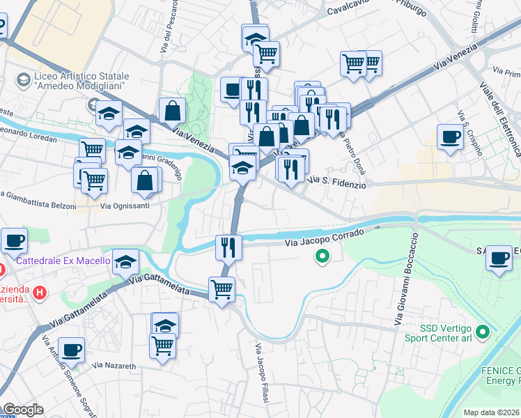 map of restaurants, bars, coffee shops, grocery stores, and more near 39 Via Luigi Pellizzo in Padova