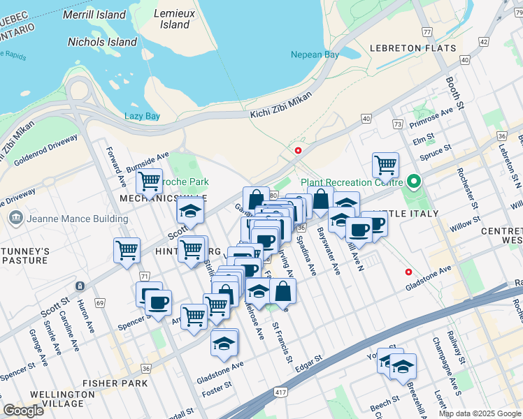 map of restaurants, bars, coffee shops, grocery stores, and more near 23 O'Meara Street in Ottawa
