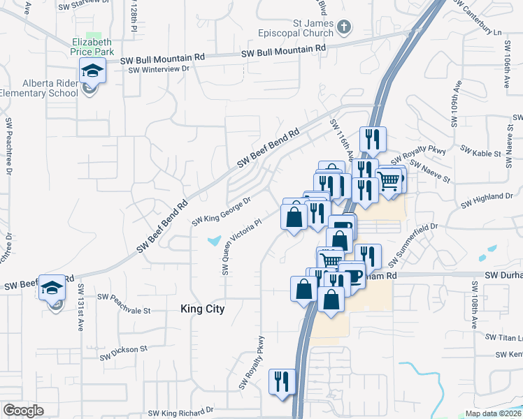 map of restaurants, bars, coffee shops, grocery stores, and more near 15645 Southwest Queen Victoria Place in King City