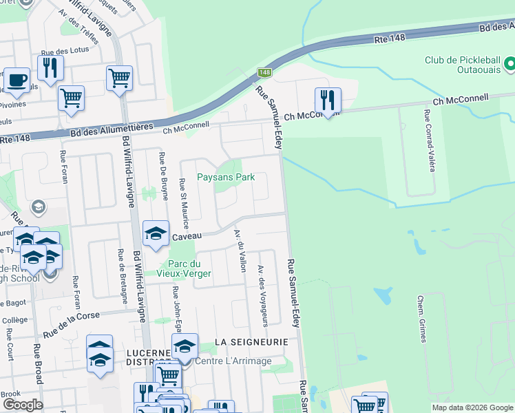 map of restaurants, bars, coffee shops, grocery stores, and more near 305 Rue des Forages in Gatineau