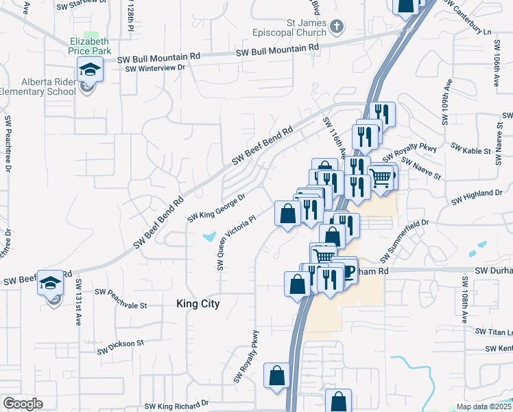 map of restaurants, bars, coffee shops, grocery stores, and more near 15645 Southwest Queen Victoria Place in King City