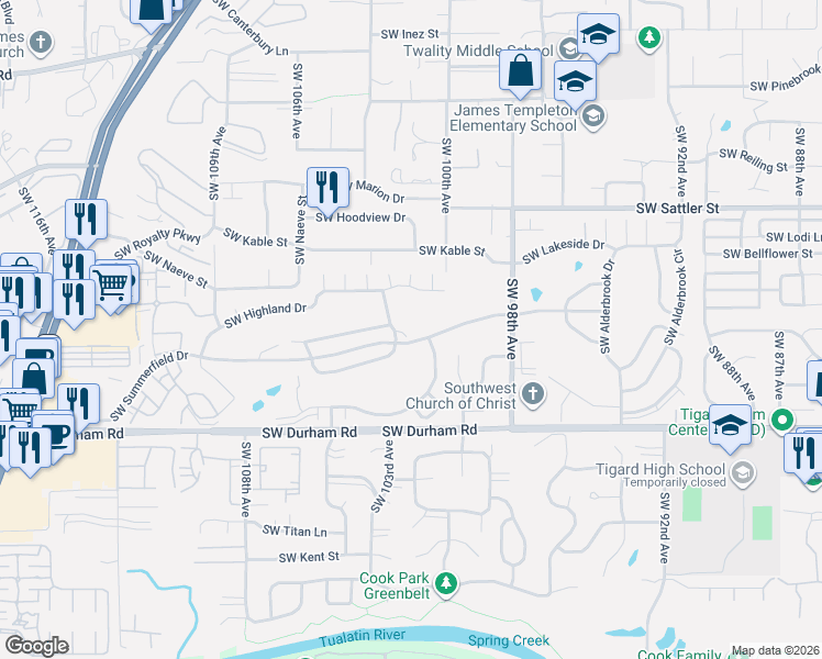 map of restaurants, bars, coffee shops, grocery stores, and more near 15660 SW Greenleaf Ct in Tigard