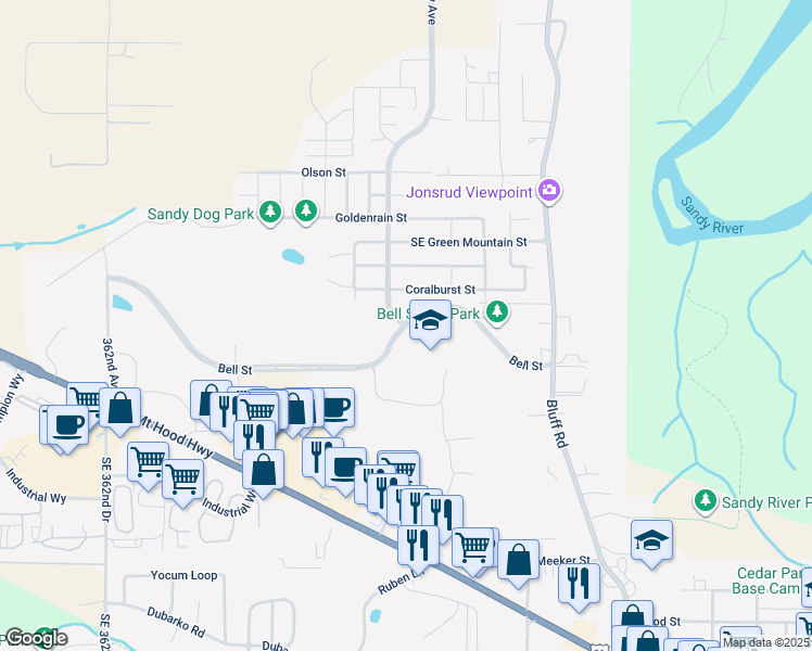 map of restaurants, bars, coffee shops, grocery stores, and more near 37400 Bell Street in Sandy