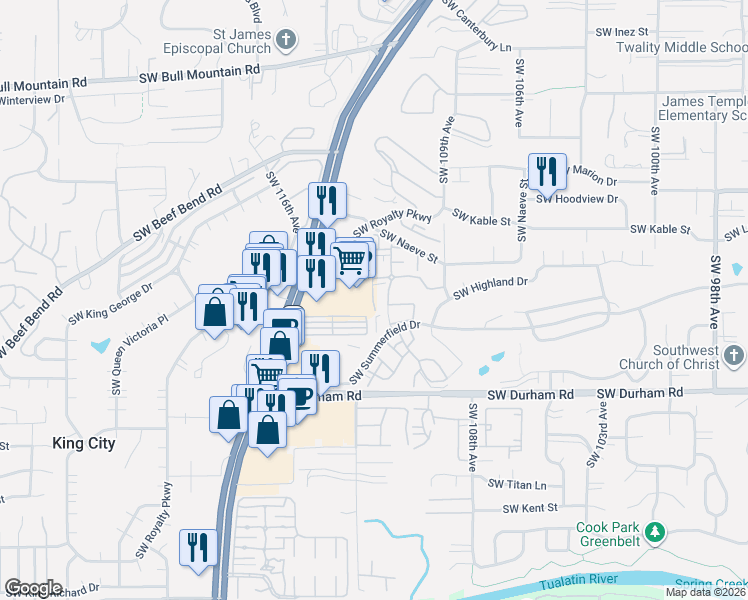 map of restaurants, bars, coffee shops, grocery stores, and more near 15655 Southwest 114th Court in Tigard