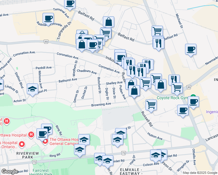 map of restaurants, bars, coffee shops, grocery stores, and more near in Ottawa