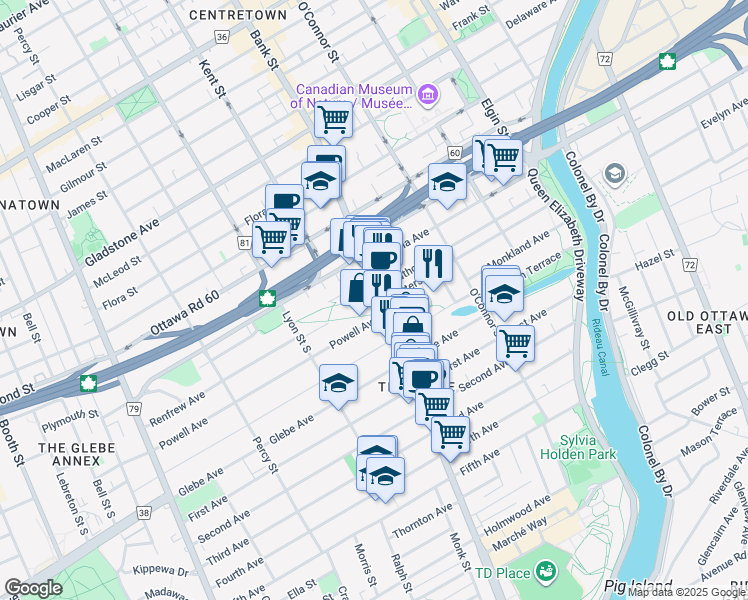 map of restaurants, bars, coffee shops, grocery stores, and more near 612 Bank Street in Ottawa