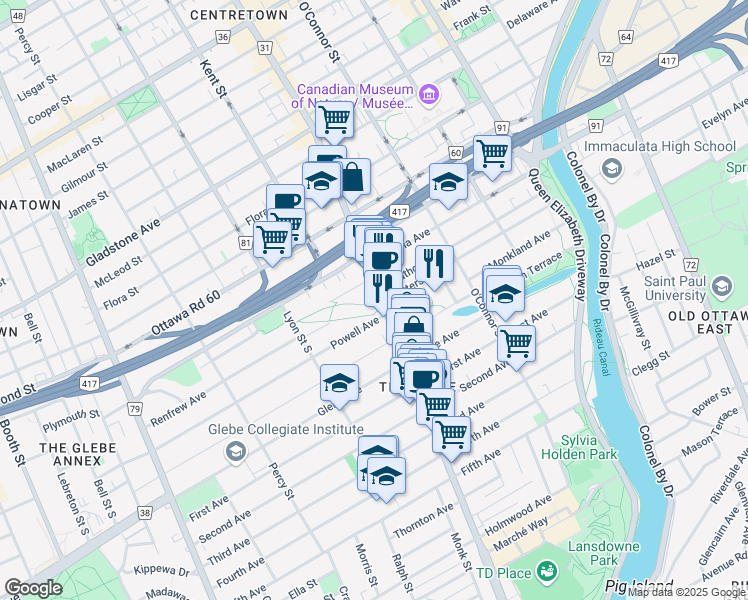 map of restaurants, bars, coffee shops, grocery stores, and more near 612 Bank Street in Ottawa