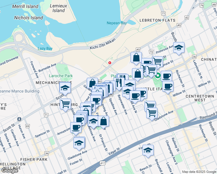 map of restaurants, bars, coffee shops, grocery stores, and more near in Ottawa