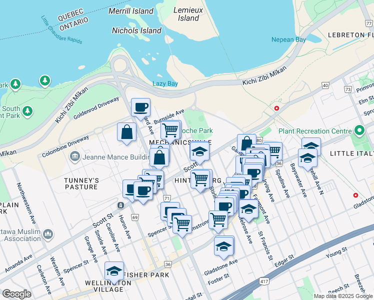 map of restaurants, bars, coffee shops, grocery stores, and more near in Ottawa