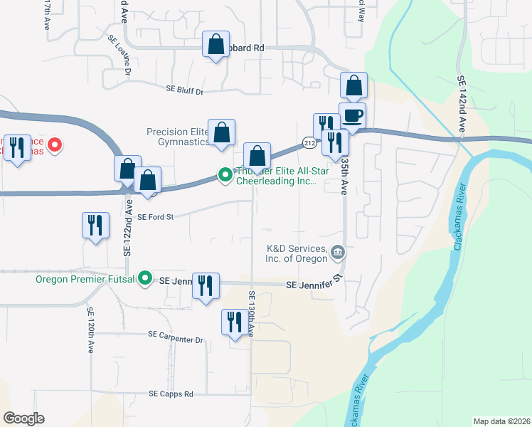 map of restaurants, bars, coffee shops, grocery stores, and more near 15830 Southeast 130th Avenue in Happy Valley