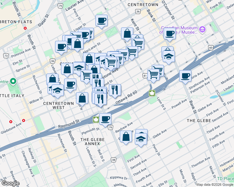 map of restaurants, bars, coffee shops, grocery stores, and more near 253 Arlington Avenue in Ottawa