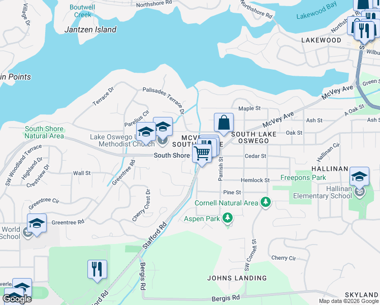 map of restaurants, bars, coffee shops, grocery stores, and more near 1725 South Shore Boulevard in Lake Oswego