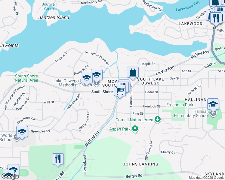 map of restaurants, bars, coffee shops, grocery stores, and more near 1725 South Shore Boulevard in Lake Oswego