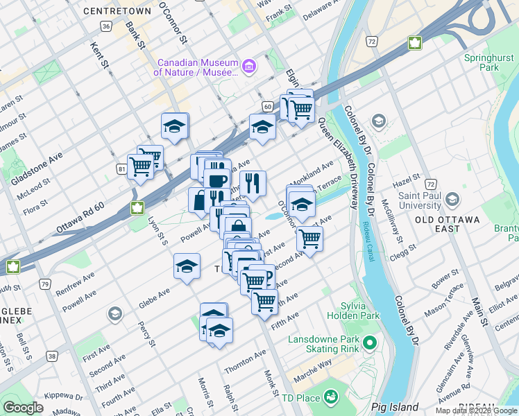 map of restaurants, bars, coffee shops, grocery stores, and more near 11 Clemow Avenue in Ottawa