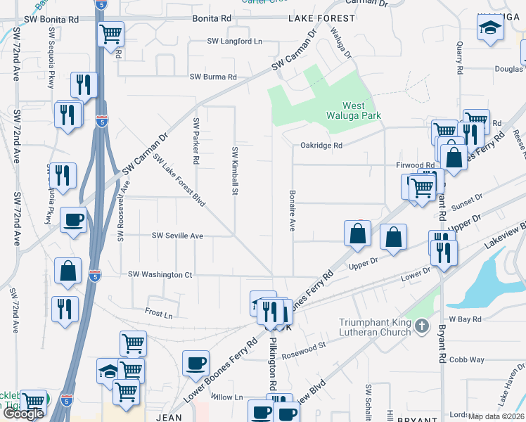 map of restaurants, bars, coffee shops, grocery stores, and more near 16440 Southwest Kimball Street in Lake Oswego