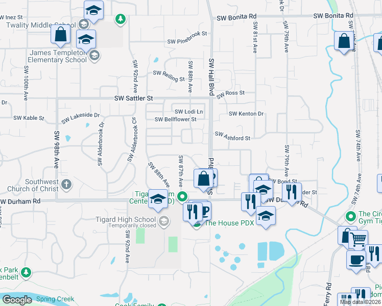 map of restaurants, bars, coffee shops, grocery stores, and more near 8653 Southwest Hamlet Street in Tigard