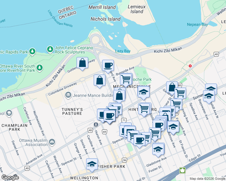 map of restaurants, bars, coffee shops, grocery stores, and more near 159 Parkdale Avenue in Ottawa