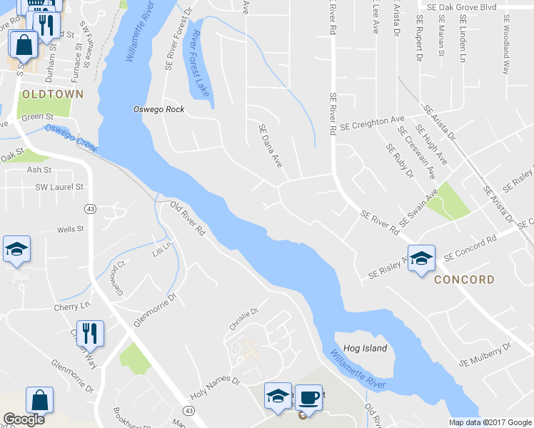 map of restaurants, bars, coffee shops, grocery stores, and more near 1250 Southeast River Forest Lane in Milwaukie