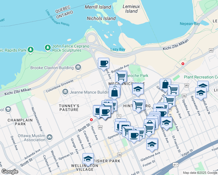 map of restaurants, bars, coffee shops, grocery stores, and more near 163 Parkdale Avenue in Ottawa